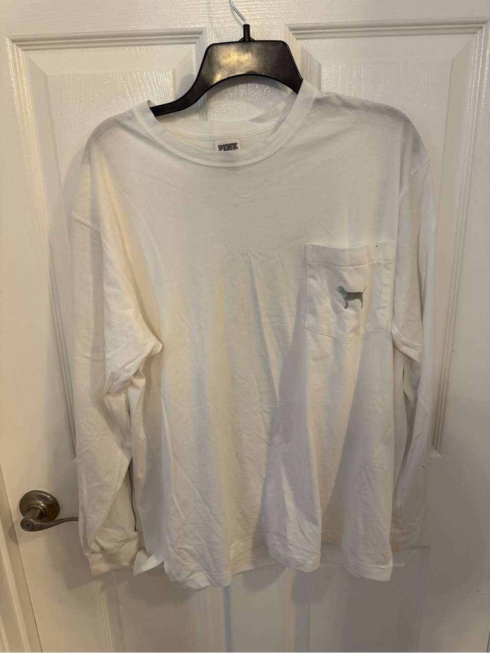 PINK Victoria's Secret White Long-Sleeve Pocket Tee with Dog Logo, rainbow sleev